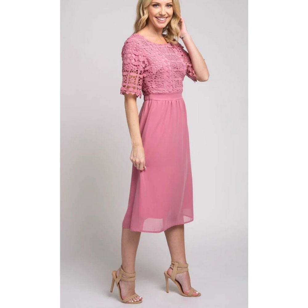 Roolee dresses NWOT | Polagram pink crochet top midi dress short sleeve lined si